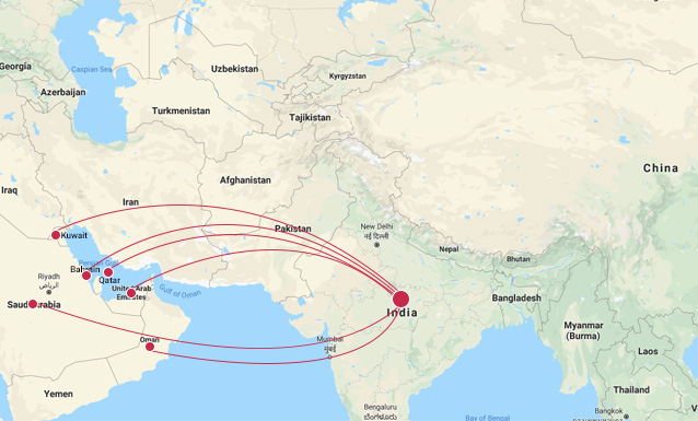 Map showing door to door shipping route from India to UAE by Gallop Shipping